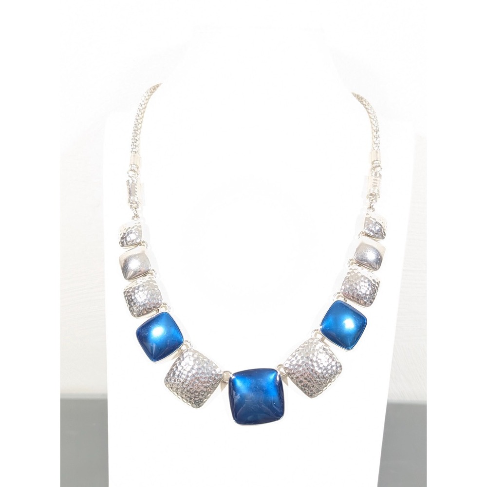 Blue Enamel Hammered Statementโ Necklace Silver Tone Western Boho 22"